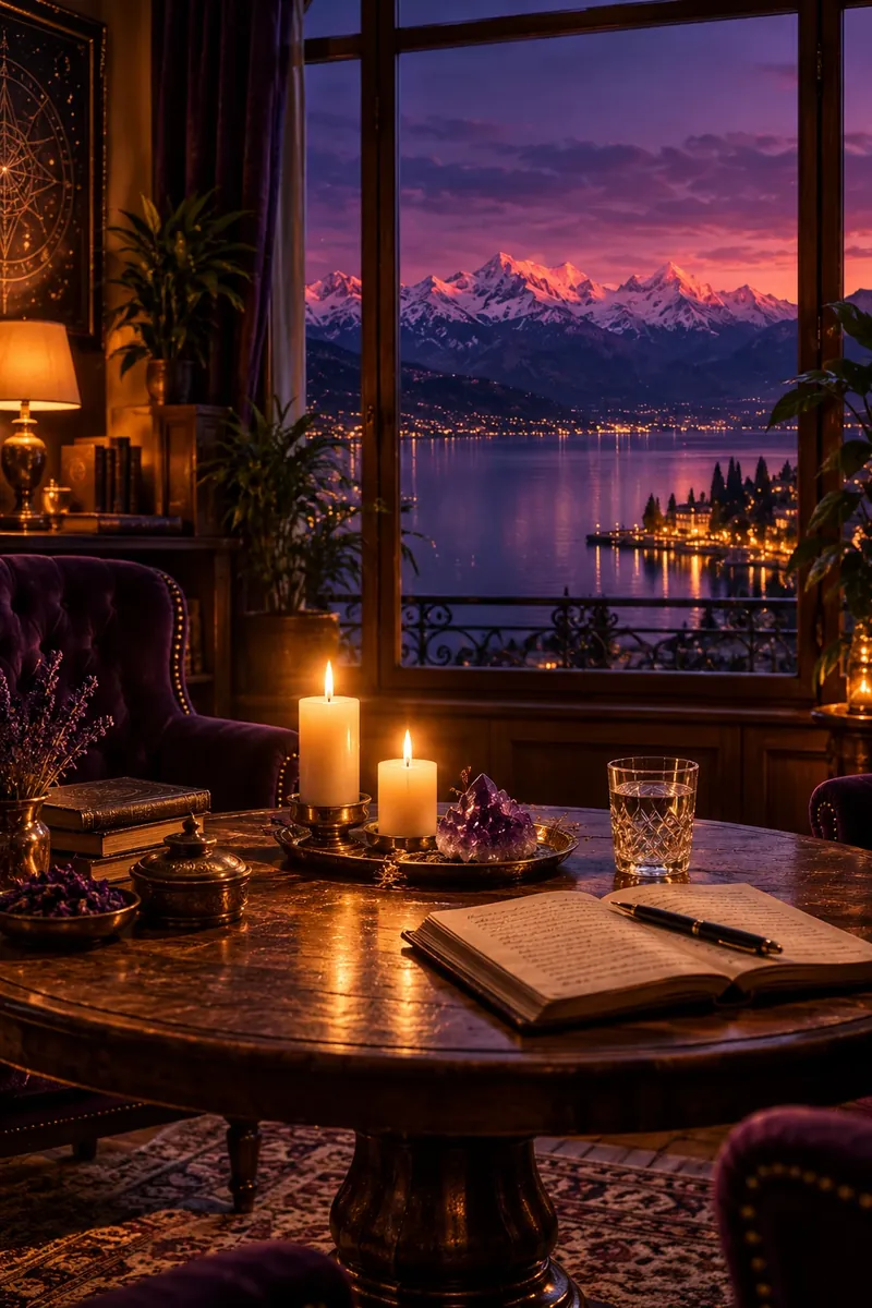 Un cabinet de consultation feutré, bougies et améthyste, avec vue sur le lac et les Alpes au coucher du soleil.