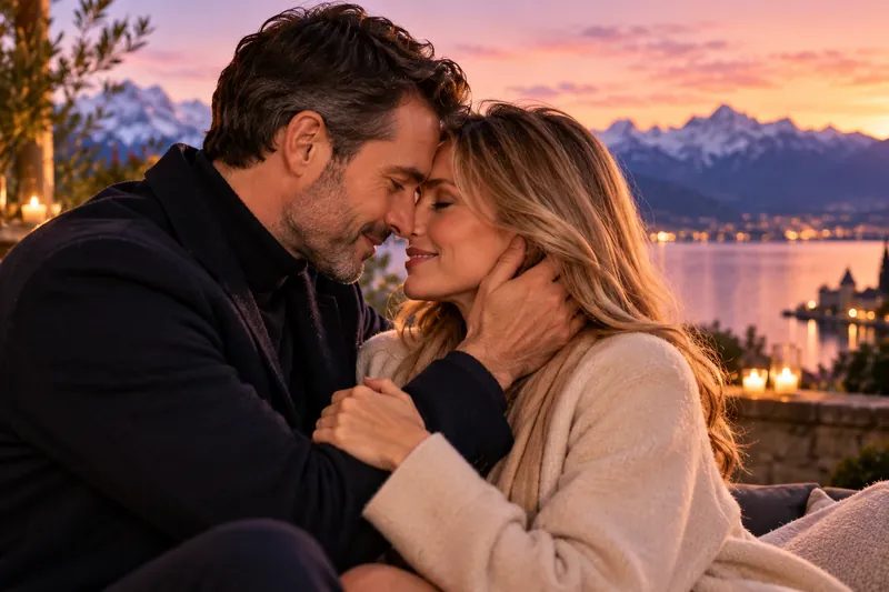 Un couple enlacé au coucher du soleil, au bord du lac, face aux Alpes.