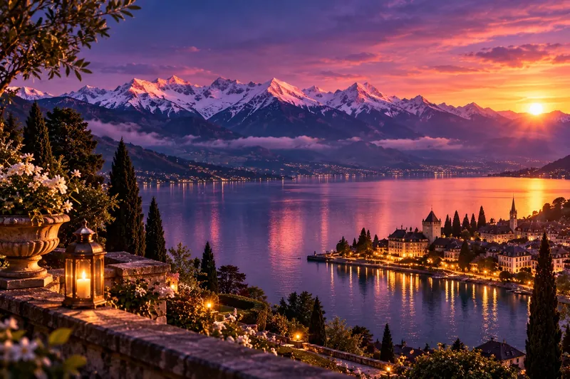 Le lac et les Alpes enneigées au coucher du soleil, vus d'une terrasse fleurie éclairée par une lanterne.